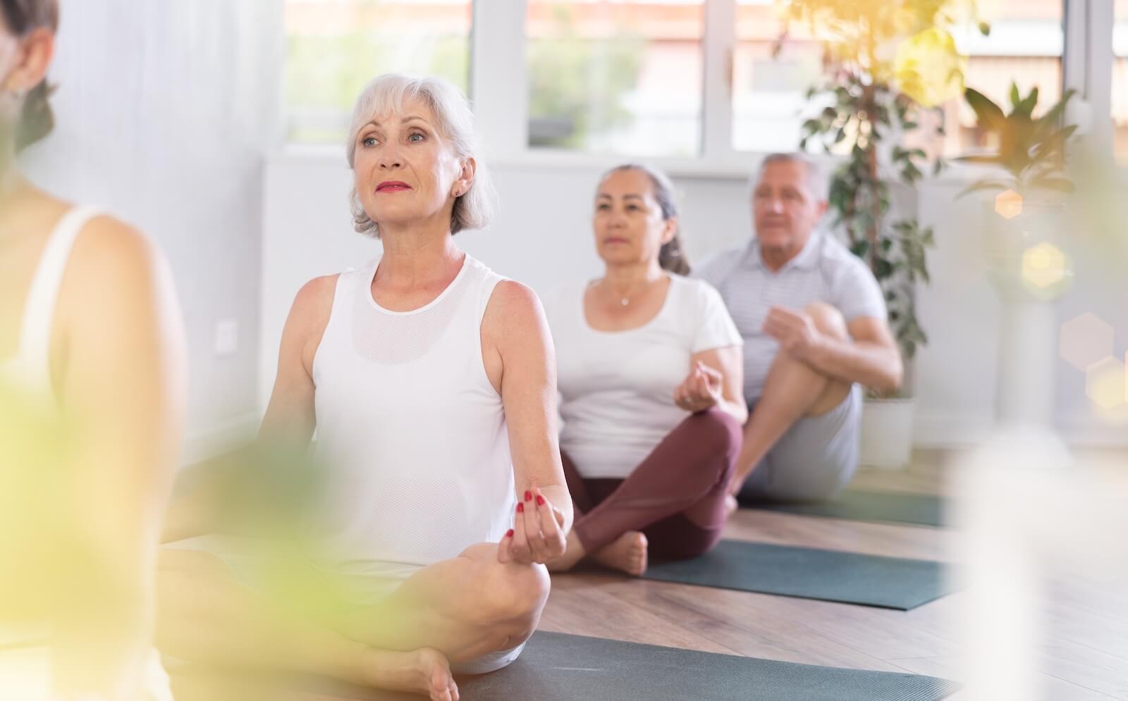 Row of seniors sitting and meditating on yoga mats.