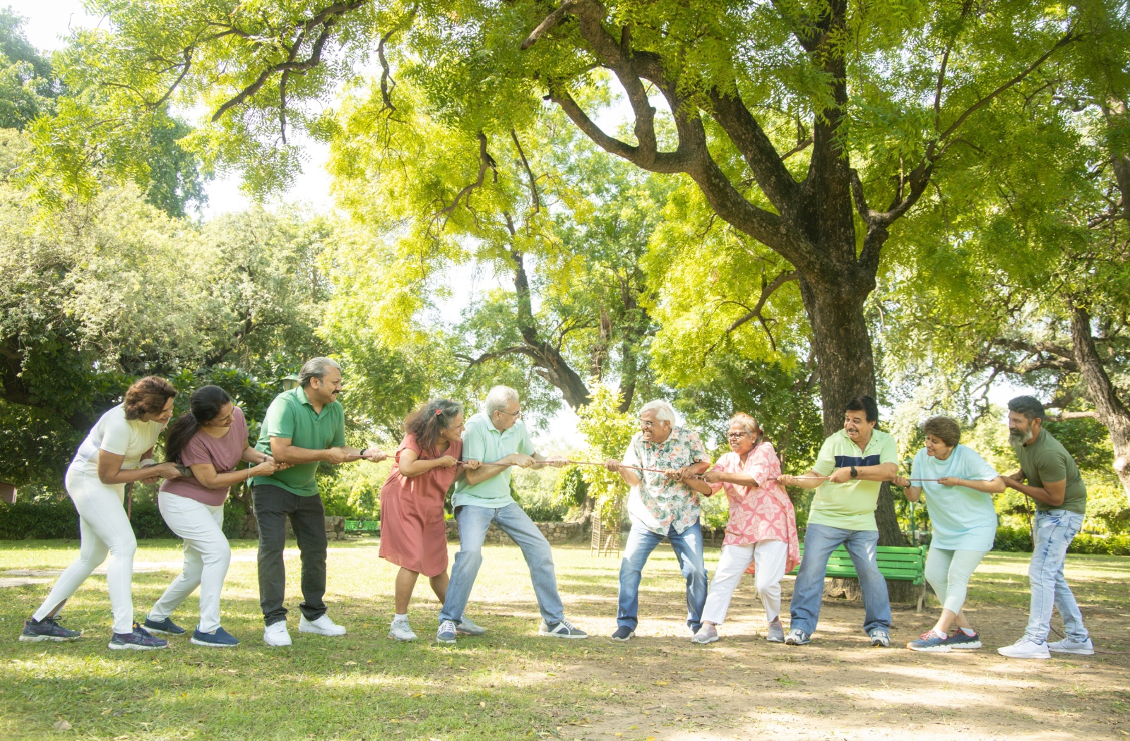 A large group of seniors playfully engage in a game of tug-of-war in the outdoors as a picnic game to promote light activity.
