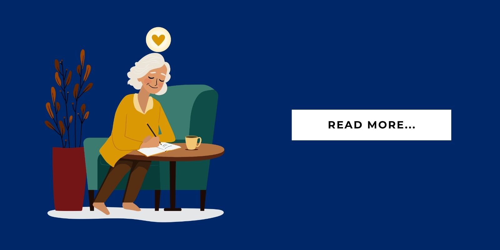 Blog Header Illustration of a senior sitting and journaling and it says 'read more'