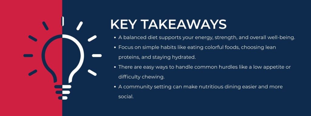 An infographic titled "Key Takeaways" with four points. 1. A balanced diet supports your energy, strength, and overall well-being. 2. Focus on simple habits like eating colorful foods, choosing lean proteins, and staying hydrated. 3. There are easy ways to handle common hurdles like a low appetite or difficulty chewing. 4. A community setting can make nutritious dining easier and more social.