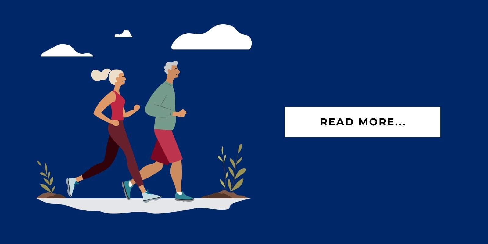 An illustration of two seniors jogging together, facing a text block that says, "Read more."