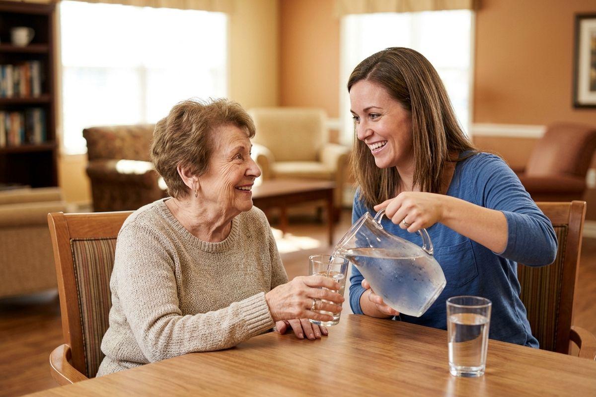 an adult pours a senior water from a pitcher