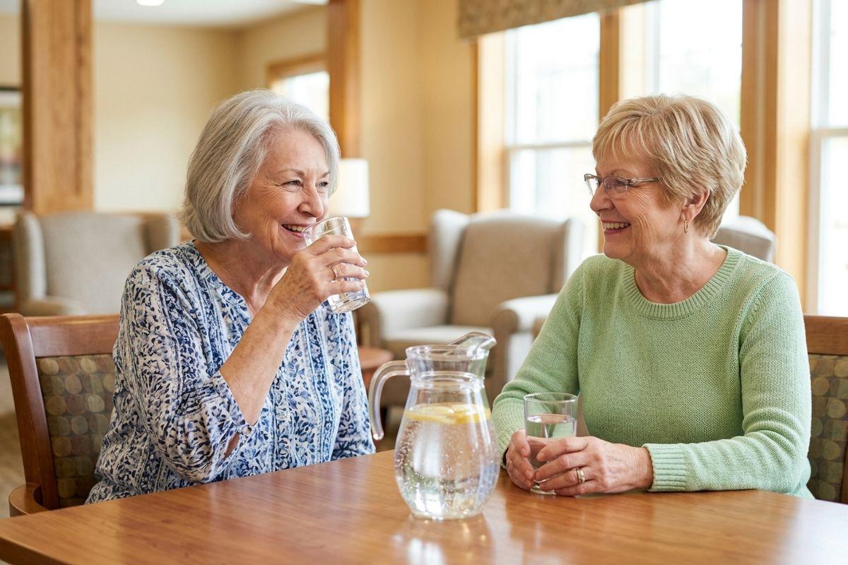 two seniors sit at a table drinking water