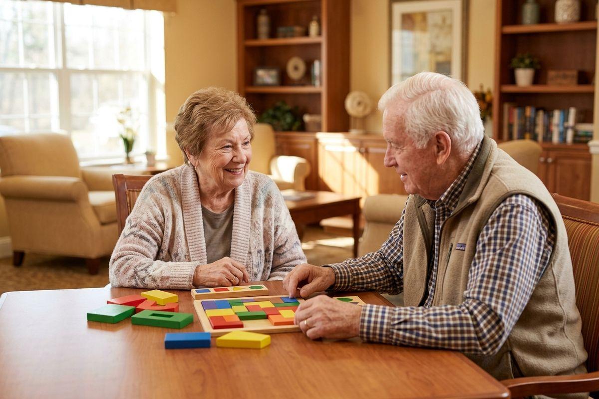 two seniors sit at a table playing a memory game