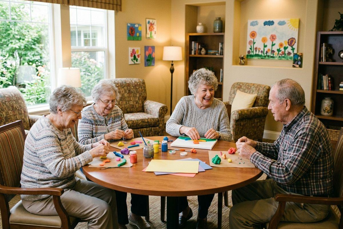 a group of seniors sit at a table doing crafts