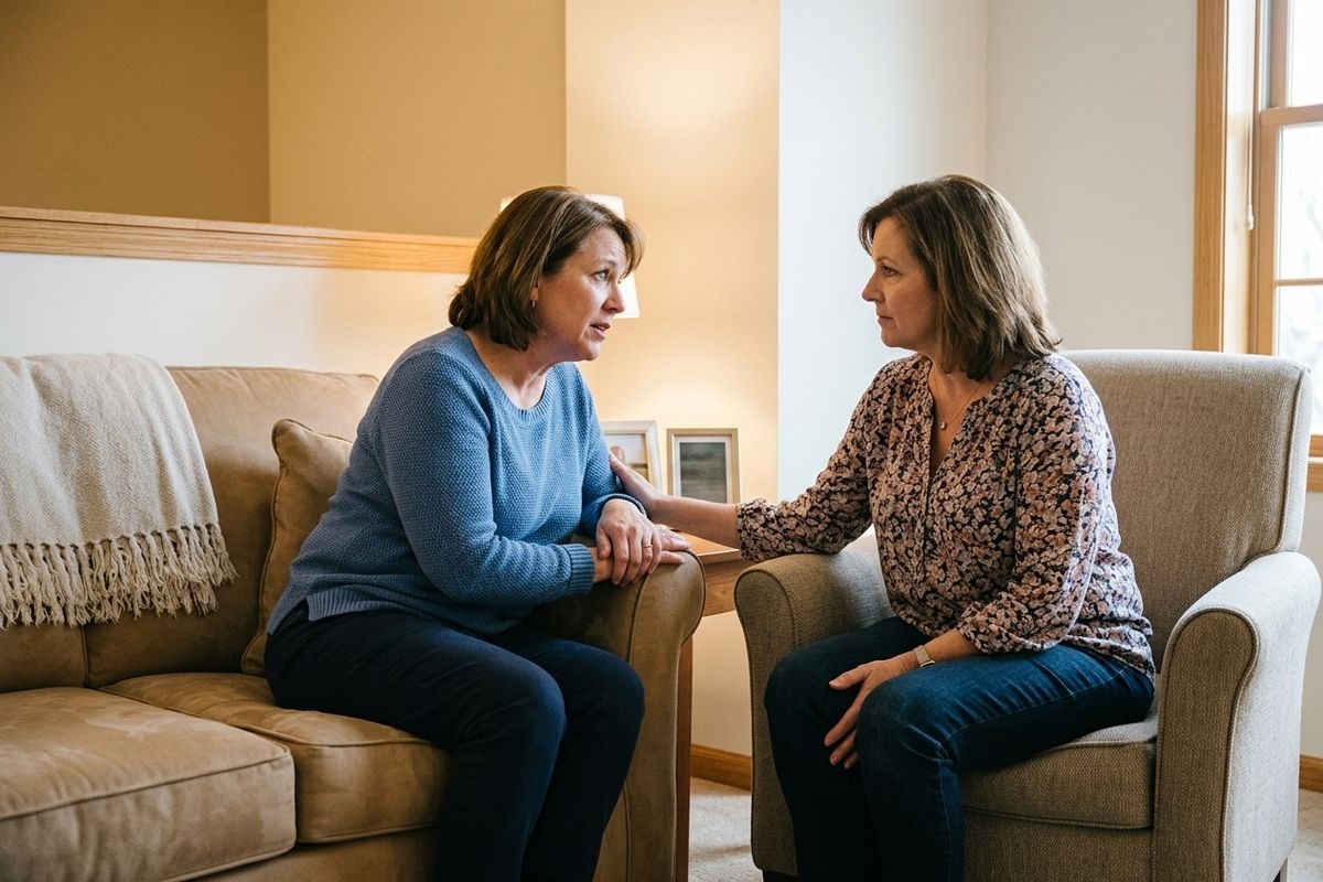 A pair of adult family caregivers offer each other comfort and support as they express signs of caregiver stress.
