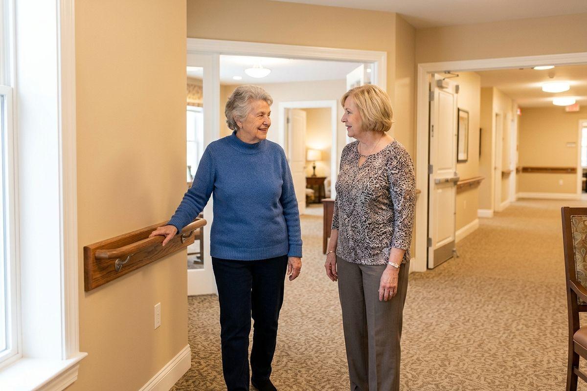 A pair of older adults walk a hallway together as one reaches for a handrail, demonstrating safety features in their memory care community.