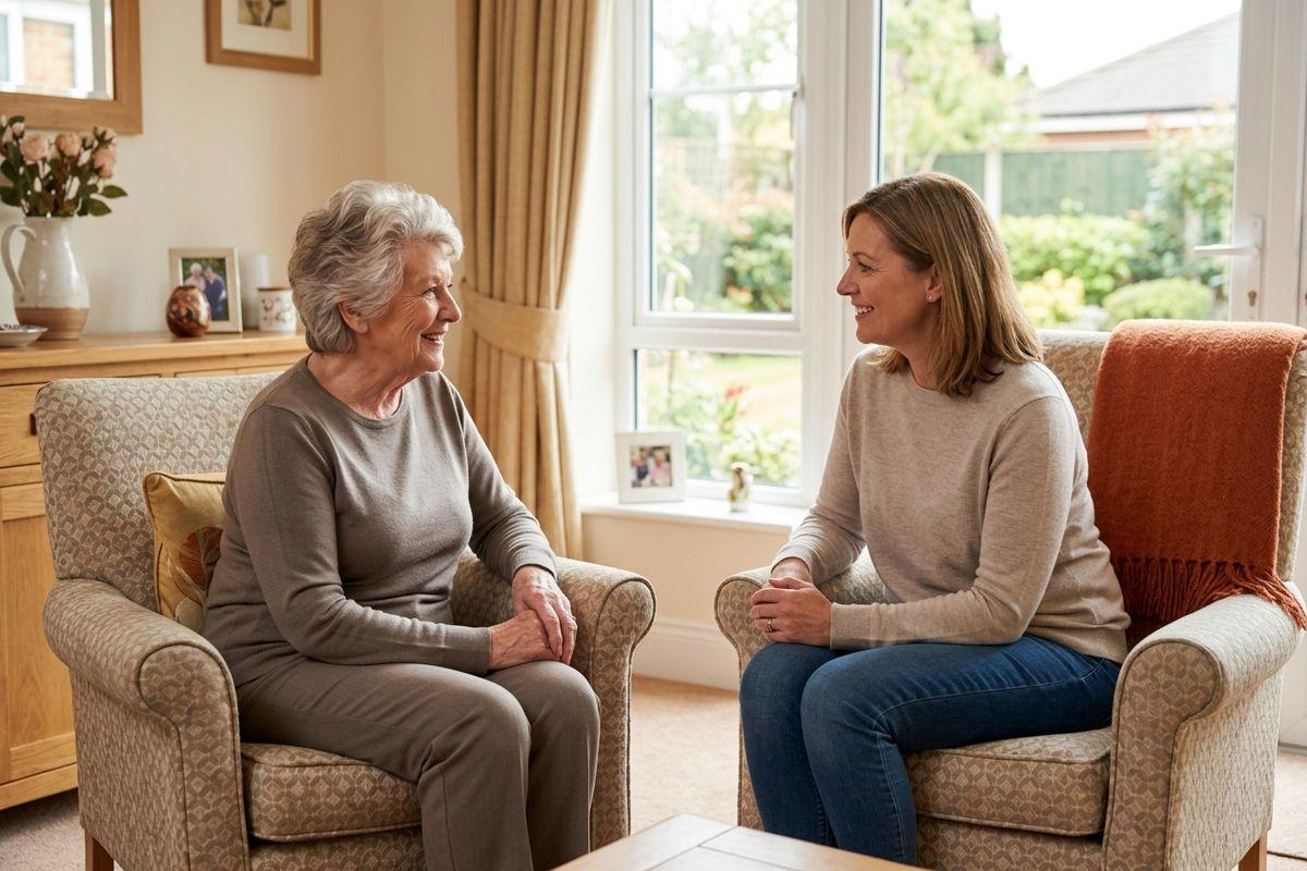 A family member visits their older loved one in their bright, cozy assisted living apartment, enjoying a calm conversation.