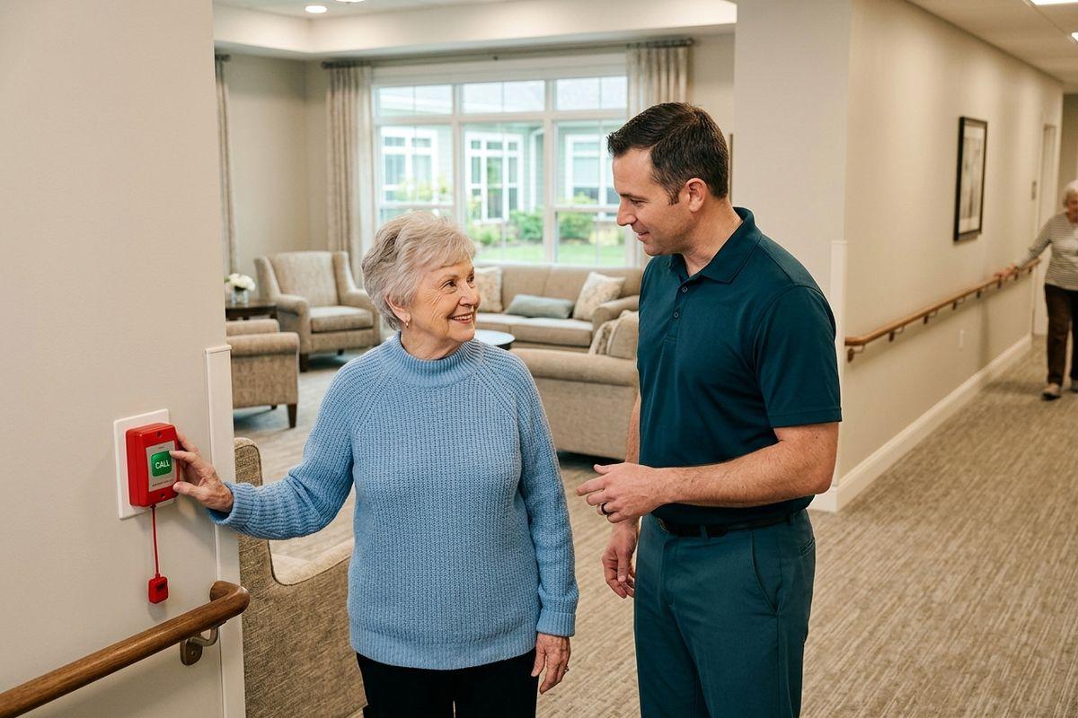 An older adult and a care team member walk a community hallway to review assisted living safety features like accessible call buttons.