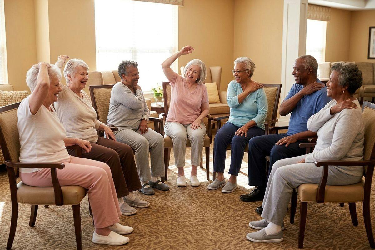 A group of seniors playing a game together while sat in a circle on chairs in a senior living area.