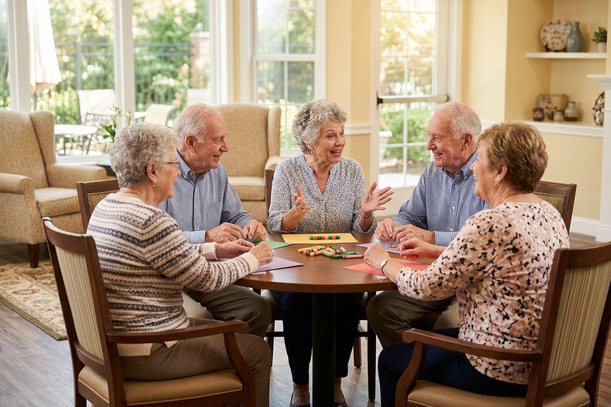 A group of seniors sat around a table enjoying playing games as an activity.