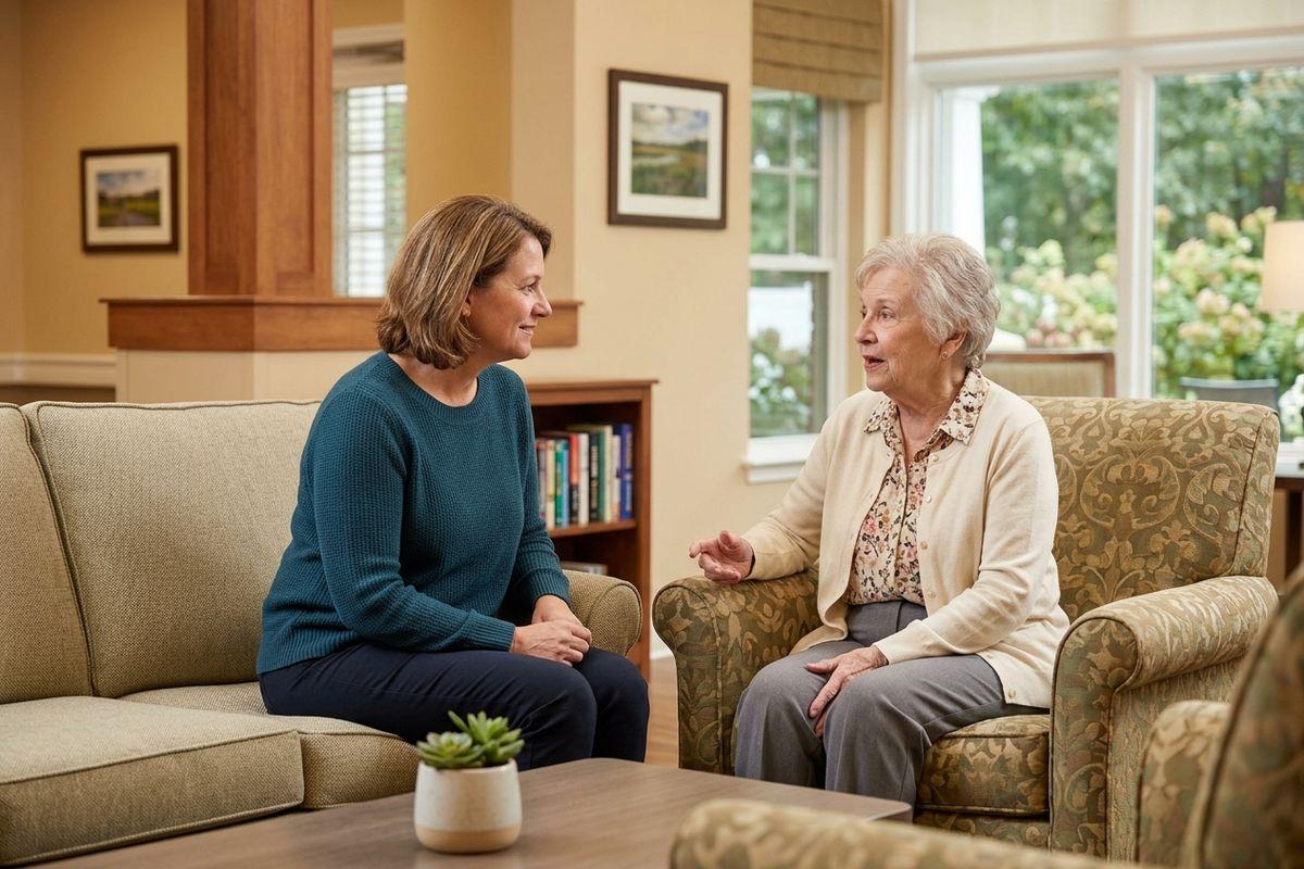 An older adult and their family member sit together and talk openly about expectations during a memory care community tour.