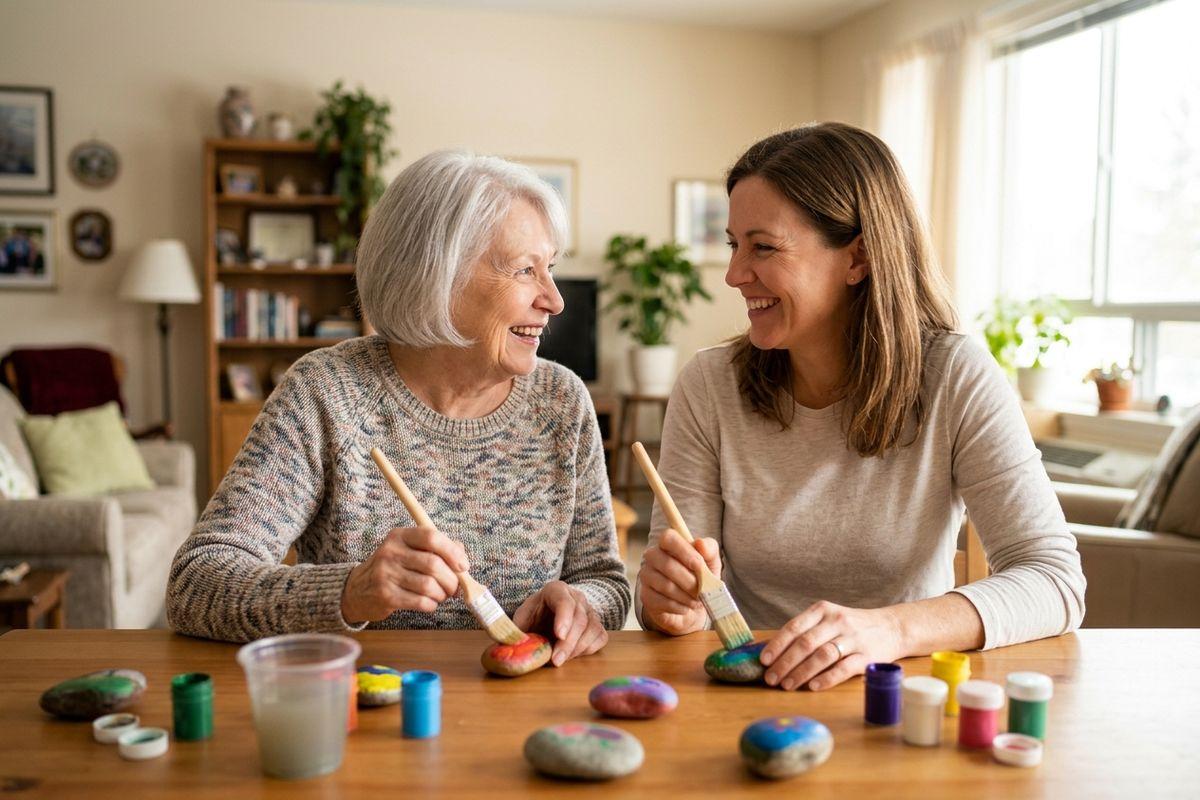 Two adults smile at each other while painting rocks with brushes at a wooden table in a sunlit room.