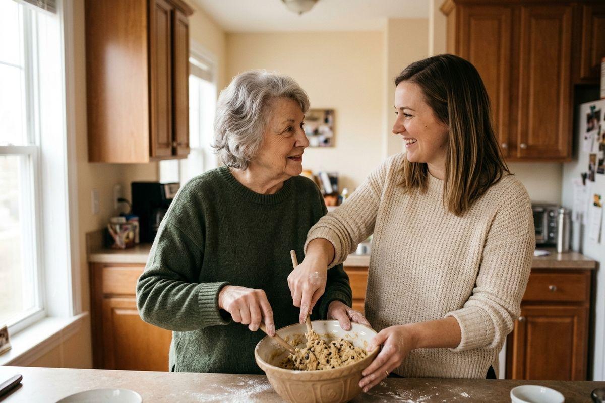 An older adult and a younger adult smile at each other while stirring cookie dough in a mixing bowl on a kitchen counter.