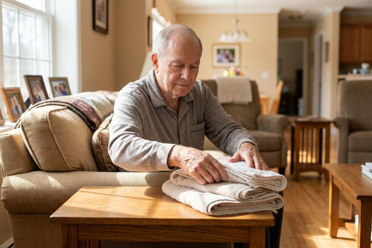 An older adult folds towels on a wooden side table in a sunlit living room, while sitting on a sofa.