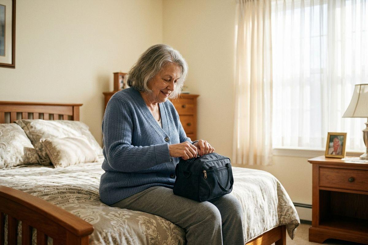 An older adult sits on the edge of a bed, smiling while opening a small dark bag on their lap.