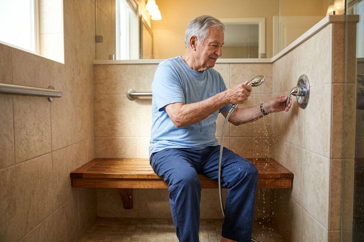 An older adult sits on a wooden shower bench, testing water from a handheld shower head in a tiled walk-in shower.