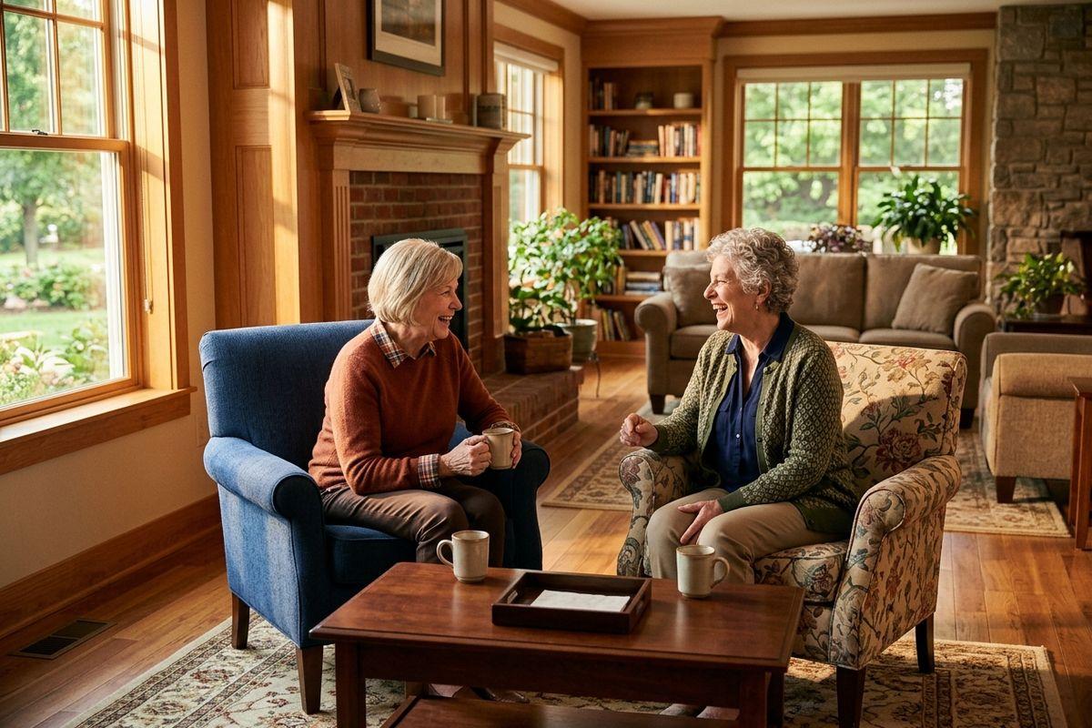 Two older adults sit in armchairs in a living room, laughing together over a cup of coffee.
