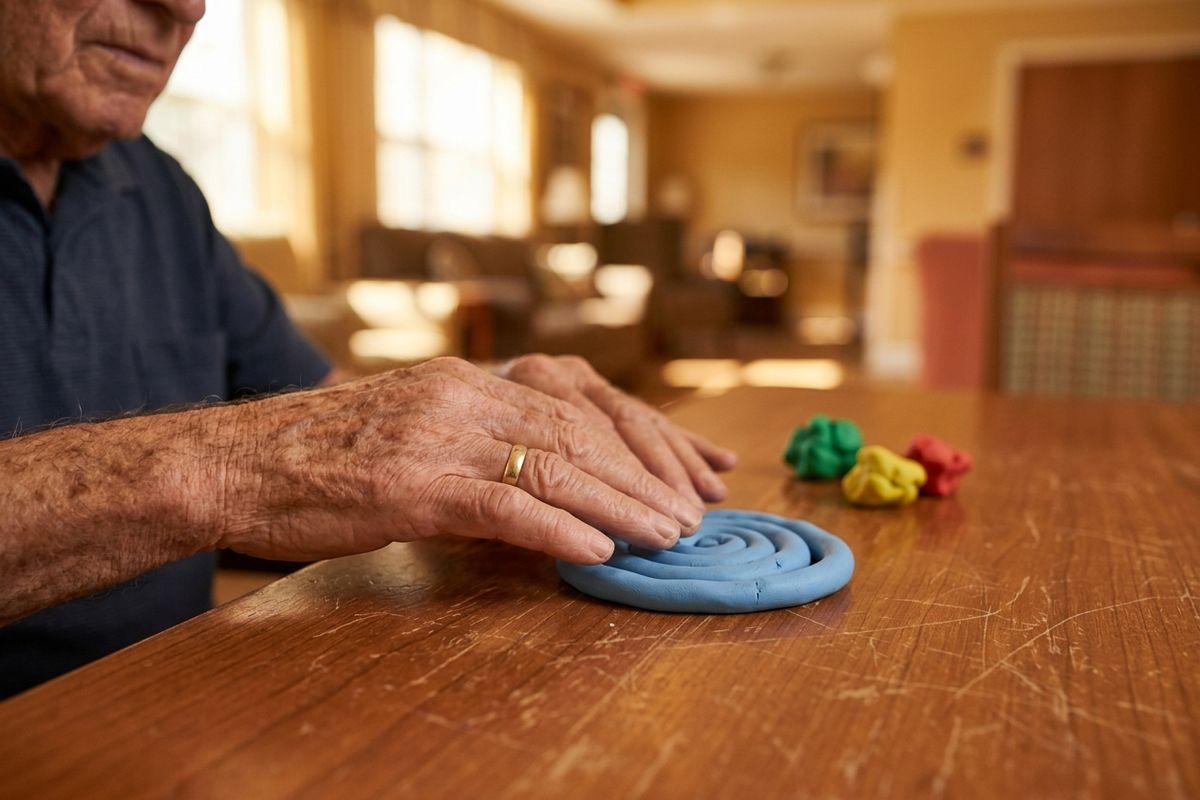 An older adult shapes blue modeling clay into a coil on a wooden table, with green, yellow, and red clay pieces nearby in a bright room.